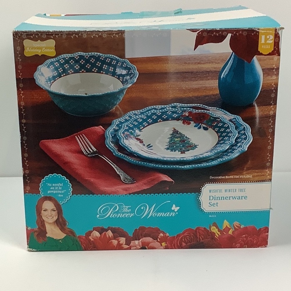Pioneer Woman Wishful Winter Tree 12 Piece Dinnerware Set Teal Christmas Floral